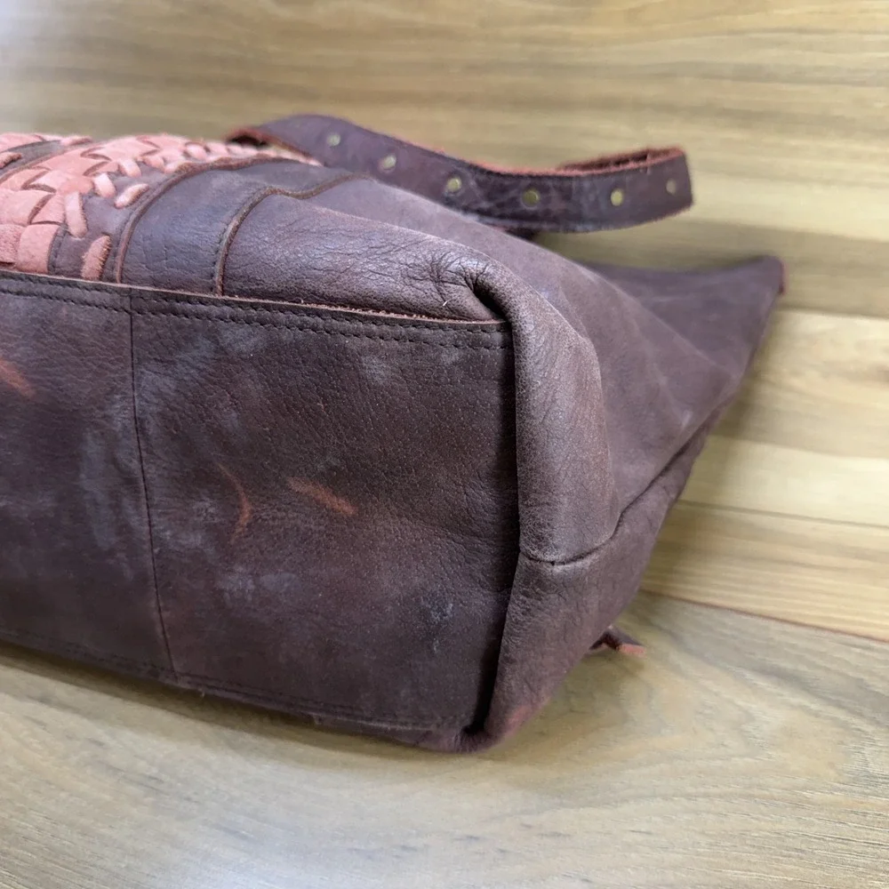 Mo & Co Large Burgundy Brown Leather Zip Top Tote Weave Woven Pink Boho Festival